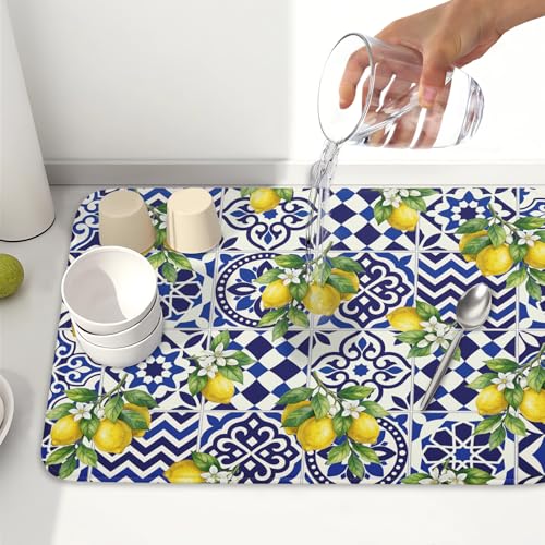 Lemon and Blue Tile Dish Drying Mat 18x24 Inch Absorbent Reversible Mexican Tilt Drying Mat Blue White Italy Lemons Dish Drying Rack Mat Summer Themed Dish Drainer Mat for Kitchen Counter Coffee Bar