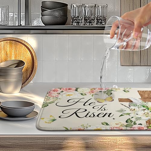 Easter He Is Risen Dish Drying Mats Spring Floral Dish Mat Easter Cross Drying Matt Dishes Dryer Pad for Kitchen Counter Absorbent Microfiber Washable Foldable Reusable 18x24 in