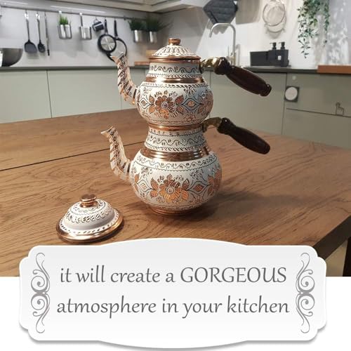 Handmade Copper Turkish Teapot Tea Kettle Pots Set for Stove Top Stovetop Decorative Infuser Vintage Antique Arabic Farmhouse Tray Cups Serving Party Moroccan Decor Style Persian Kitchen Fancy Gift (2 Count)