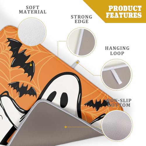 Orange Halloween Dish Drying Mat Spooky Boo Ghost Black Bats Dish Drainer Mats 18"x24" Spider Web Microfiber Reversible Dish Drying Rack Pad Protector for Kitchen Countertop Large Decor