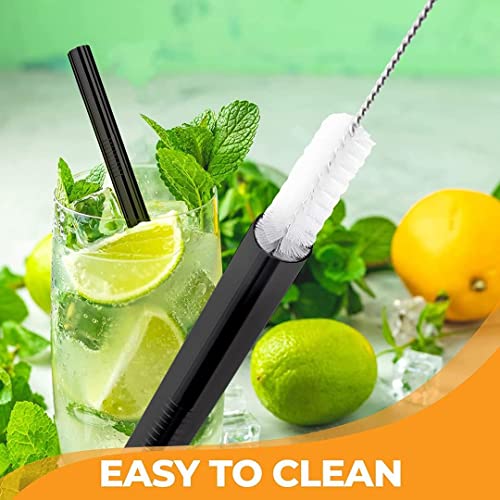 6 Pack Black 0.4" Wide Bore Reusable Stainless Steel Smoothie Straws (6 Count)