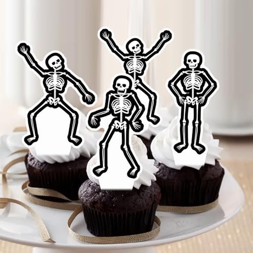 Dancing Skeleton Halloween Cupcake Toppers 48PCS Black Skull Party Cake Decorations Skeleton Cupcake Picks Halloween Birthday Party Decorations for Horror Theme Party Baby Shower Supplies (48 Count)