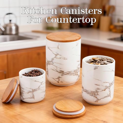 White Marble Ceramic Canister with Bamboo Lid (3 Count)
