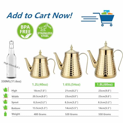 1.8L(60oz) Stainless Steel Hammer Patterned Teapot With Removeable Infuser,Loose leaf cover,Gold