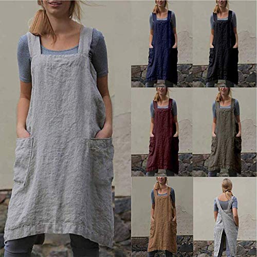 Cotton Linen Apron Cross Back Apron for Women with Pockets Pinafore Dress for Baking Cooking