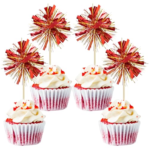 30Pcs Foil Firework Cupcake Toppers Sparkle Tinsel Cake Toppers Tinsel Drink Cake Decoration Cocktail Picks for Birthday Wedding Graduation Party Supplies Gold Red (30 Count)