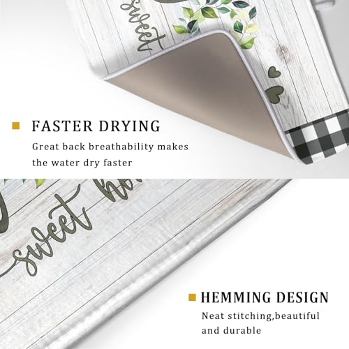 Home Sweet Home Dish Drying Mat 18x24 Inch Spring Summer Green Leaf Wreath Dish Drainer Mats Rustic Wood Board Microfiber Dish Drying Rack Pad for Kitchen Countertop Farmhouse Decor