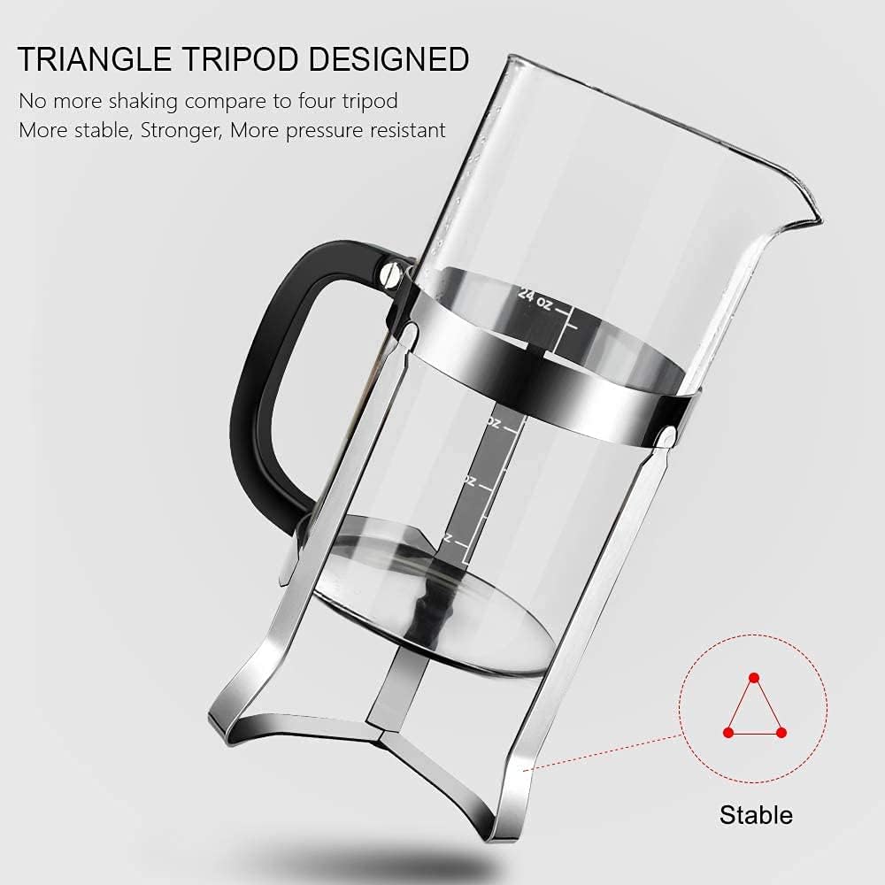 QUQIYSO French Press Coffee Maker 34oz 304 Stainless Steel French Press with 4 Filter, Heat Resistant Durable, Easy to Clean, Borosilicate Glass Coffee Press, 100% BPA Free Glass Teapot, Silver - Blissbrew