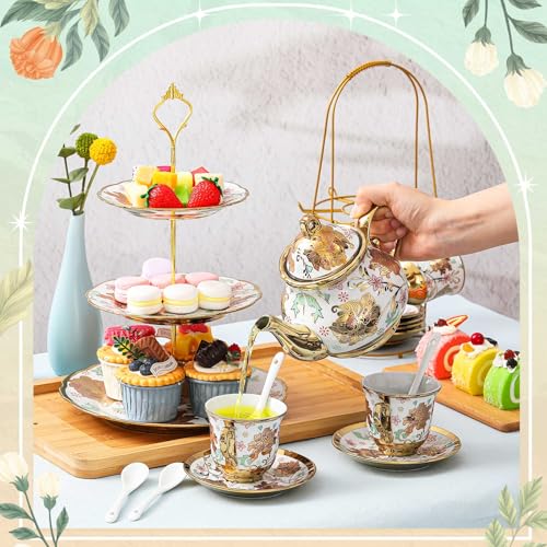 21 Pcs Porcelain Tea Set for Women Tea Party with Metal Holder and 3 Tier Cake Stand Ceramic European Floral Teapot Set for Adults Mother's Day Christmas Thoughtful Gift
