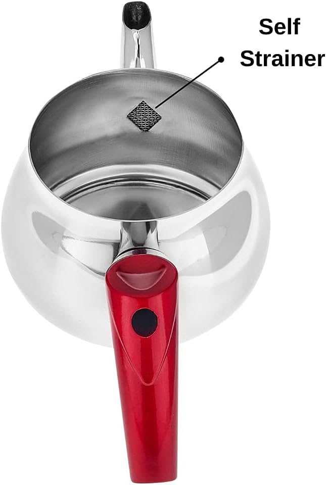 DESTALYA Turkish Teapot Set | Stainless Steel Double Tea Pots for Stove Top | Tea Maker with Strainer | Samovar Tea Kettle, Water Heater (Midi with Red Handles)