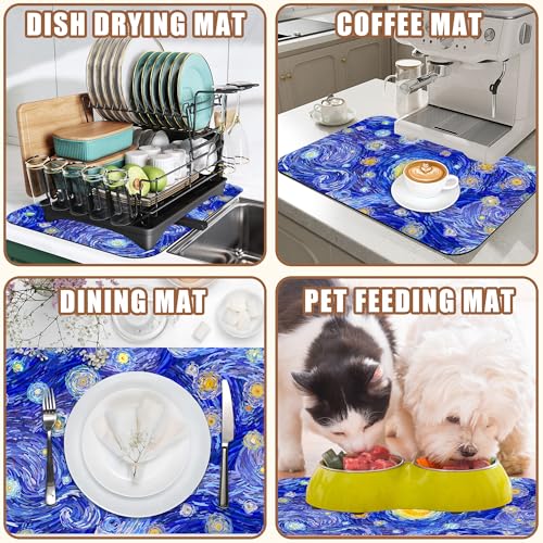 Starry Night Coffee Mat Absorbent Dish Drying Mat for Kitchen Counter Hide Stain Rubber Backed Coffee Bar Accessories Fit Under Espresso Machine Dish Rack