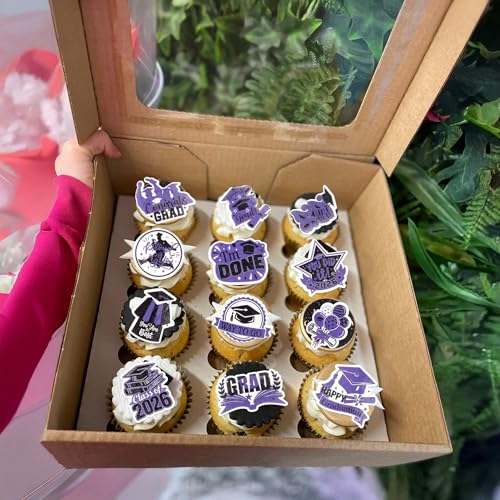 48Pcs Edible Graduation Cap 2026 Cupcake Toppers Wafer Paper Grad Cap Diploma Cake Decoration Picks for 2026 Grad Theme Party Cake Decor Supplies Purple White (48 Count)