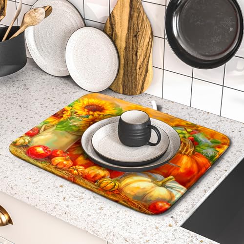 Vintage Fall Autumn Dish Drying Mat 16"x18" Small Rustic Pumpkin Sunflower Bird Dish Drainer Mats Thanksgiving Farmhouse Reversible Dish Drying Pad for Kitchen Countertop Dining Room