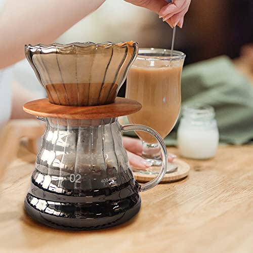 Pour Over Coffee Maker Set with Black Gooseneck Kettle Wooden Storage Tray Coffee Dripper Glass Server Coffee Scoop DIY Manual Coffee Maker Set