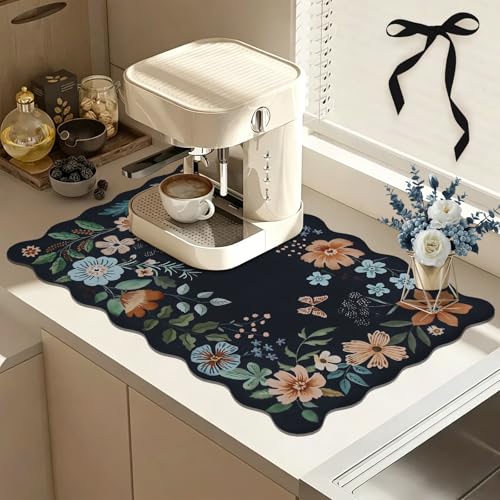 Scalloped Bohemian Coffee Bar Mat Dish Drying Mats for Kitchen Counter