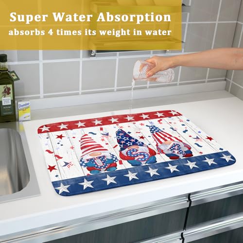 4th of July Gnomes Dish Drying Mat 18x24 inch Patriotic Elf Usa Stars Dish Drainer Mats Independece Day Large Microfiber Dish Drying Pad for Kitchen Countertop Holiday Decor