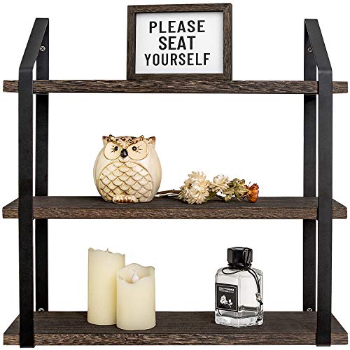 Floating Wall Shelves 3 Tier 17 Inch Rustic Hanging Shelf with Metal Bracket Wall Mount Wood Storage Display Shelves for Living Room Bathroom Bedroom Kitchen Office