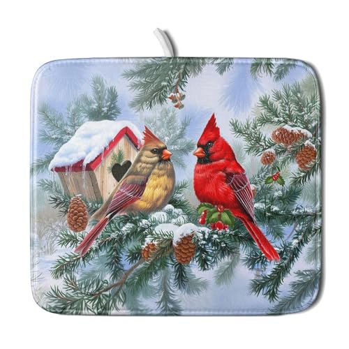 Winter Red Cardinal Bird Dish Drying Mat for Kitchen Counter