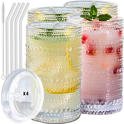 4 Pcs Iced Coffee Glasses Cups with Glass Lids and Straws (4 Count)