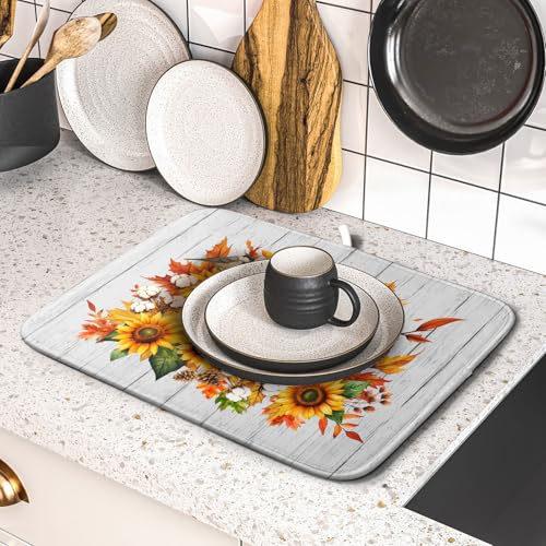 Hello Fall Sunflowers Dish Drying Mat for Kitchen Counter