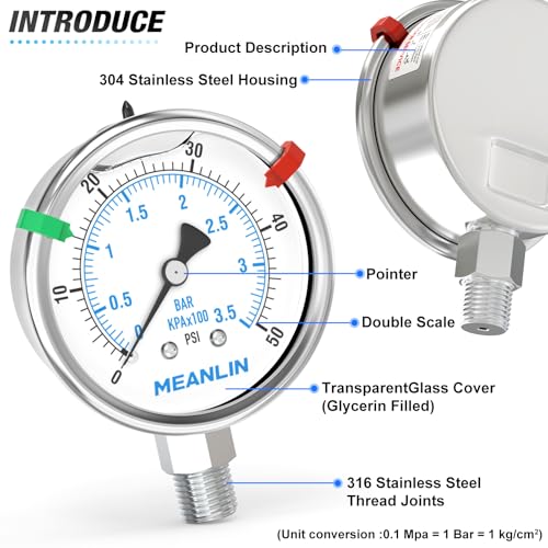 0~50Psi Stainless Steel Liquid Filled Pressure Gauge 2.5" FACE DIAL 1