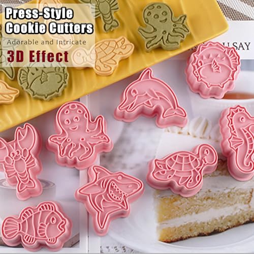 8 Pcs Ocean Cookie Cutters Set Baking Molds 3D Ocean Press type Cookie Cutter for Baking