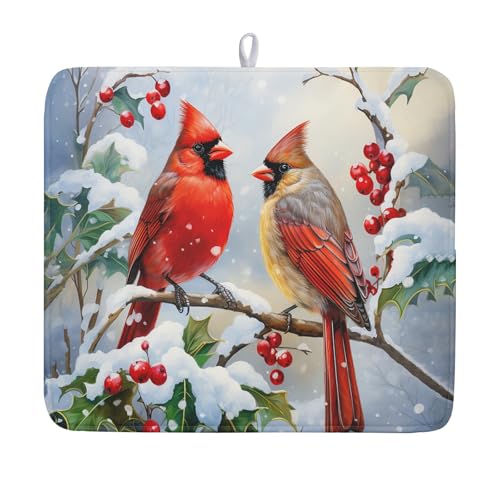 Winter Cardinal Birds Dish Drying Mat