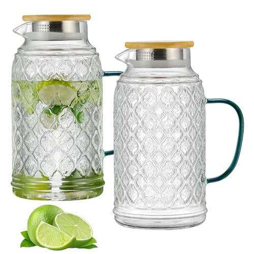 2 PACK Glass Pitcher with Bamboo Lid