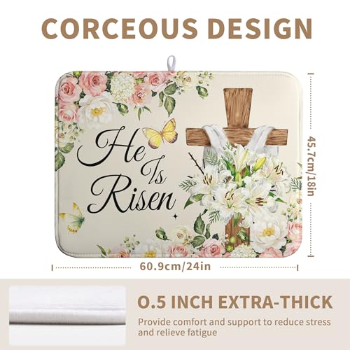 Easter He Is Risen Dish Drying Mats Spring Floral Dish Mat Easter Cross Drying Matt Dishes Dryer Pad for Kitchen Counter Absorbent Microfiber Washable Foldable Reusable 18x24 in