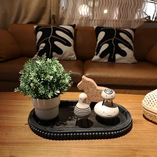 Vintage Black Oval Wood Decorative Ottoman Tray for Coffee Table