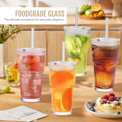 20oz Ribbed Glass Cups with Lids and Straws (2 Count)