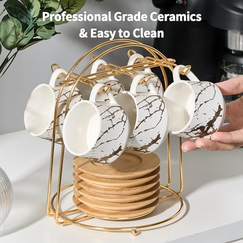 Ceramic Espresso Cups with Saucers and Metal Stand (7.6 Count)