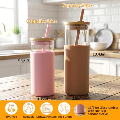 16 oz Glass Tumbler with Lids and Straws