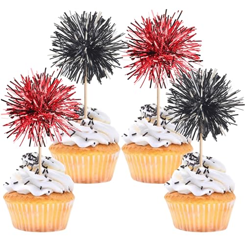 40 PCS Foil Firework Cupcake Toppers Sparkle Tinsel Cupcake Picks Fireworks Birthday Party Decorations Cocktail Fruit Toothpick for Birthday Wedding Graduation Party Decorations Supplies Black Red (40 Count)