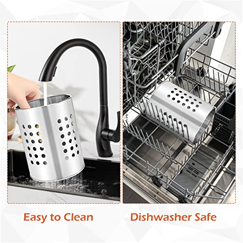 Stainless Steel Kitchen Utensil Holder Flatware Cylinder Silverware Draining Organizer Drying Rack with Round Drain Holes for Forks