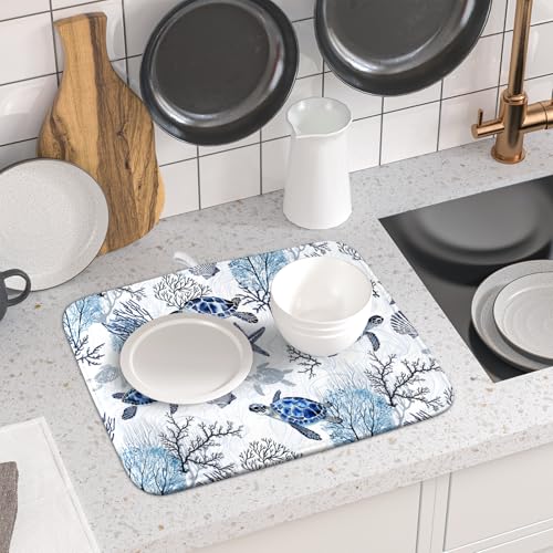 16"x18" Coastal Sea Turtles Dish Drying Mat Nautical Ocean Tortoise Coral Starfish Dish Drainer Mats for Kitchen Microfiber Reversible Dish Drying Rack Pad for Countertop Tabletop Decor