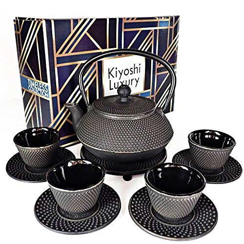Large 11PC Japanese Tea Set "Gashu Black" Cast Iron Tea Pot 26Oz with 4 Tea Cups