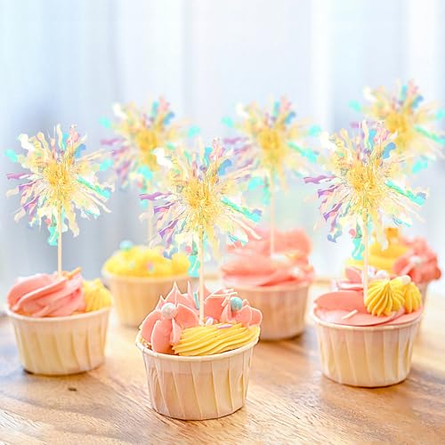 30 PCS Foil Firework Cupcake Toppers Sparkle Tinsel Cupcake Picks Happy Birthday Cake Decorations Drink Stirrers Cocktail Food Fruit Toothpicks for Baby Shower Graduation Party Supplies Yellow (30 Count)