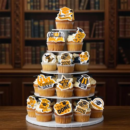 48Pcs Edible Graduation Cap 2026 Cupcake Toppers Wafer Paper Grad Cap Diploma Cake Decoration Picks for 2026 Grad Theme Party Cake Decor Supplies Black Orange (48 Count)