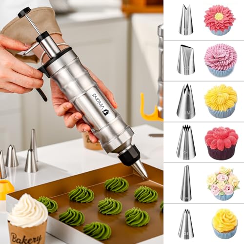 Dessert Decorating Syringe Set Icing Piping Kit Frosting Piping Kit Stainless Steels Cake Decorating Kit with 10 food grade stainless steel piping tips & 50 Disposable Piping Bags Black (63 Count)