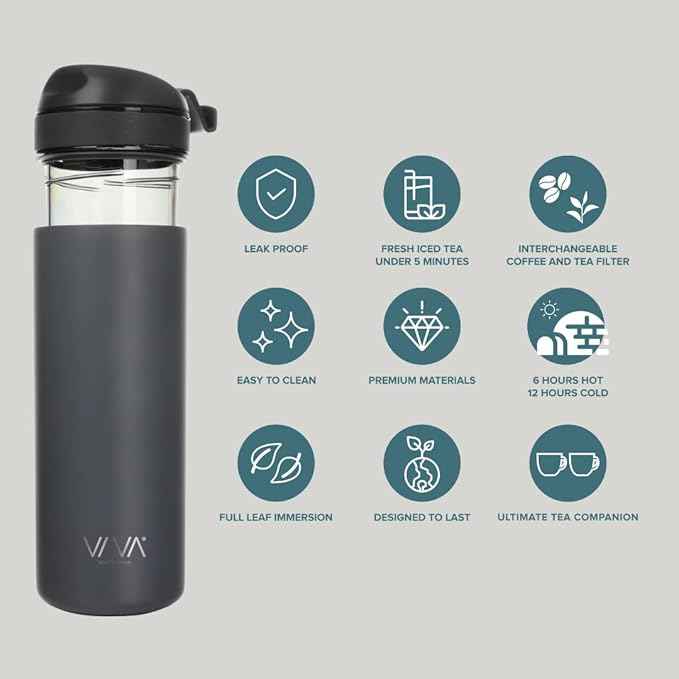 VIVA Recharge Grey Insulated Tea & Coffee Mug & Travel French Press Coffee Maker, 16 oz, Brew & Drink From the Same Coffee Mug On the Go or Camping