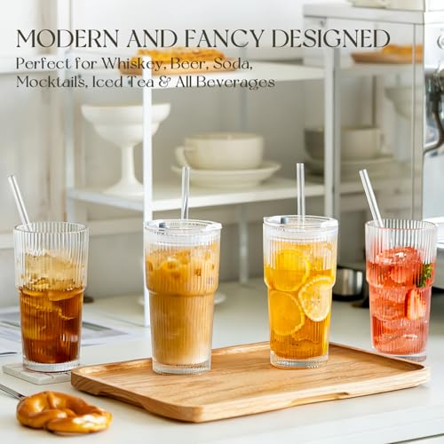 20oz Ribbed Glass Tumblers with Lids and Straws