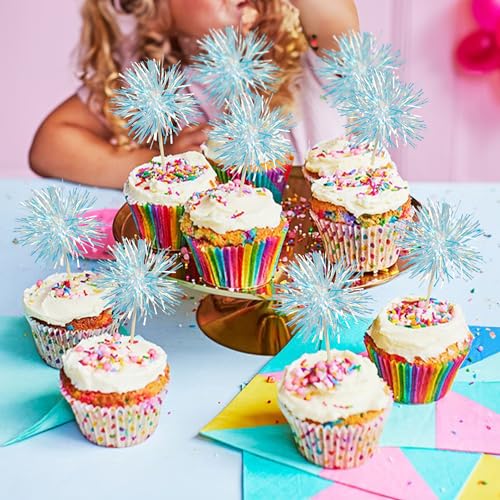 30Pcs Foil Firework Cupcake Toppers Sparkle Tinsel Cake Toppers Tinsel Drink Cake Decoration Cocktail Picks for Birthday Wedding Graduation Party Supplies Laser Blue (30 Count)