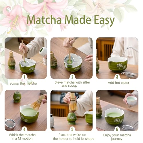 Matcha Set Avocado Green Ceramic Bowl Kit with Spout (5 Count)