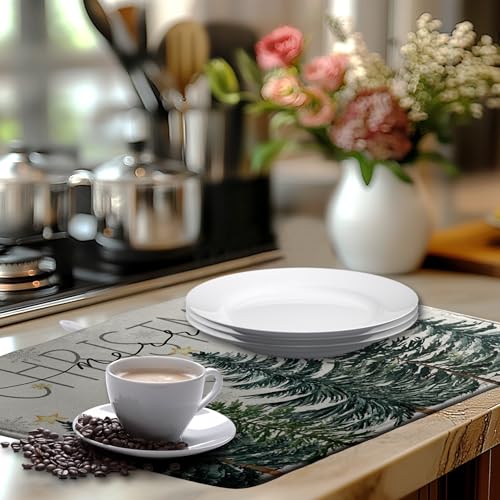 Merry Christma Trees Dish Drying Mat Winter Forest Large Kitchen Mats Dish Drying Pad Xmas Snow Absorbent Dish Dryer Mat for Kitchen Countertops Microfiber Drainer Pad Dish Drying Mats