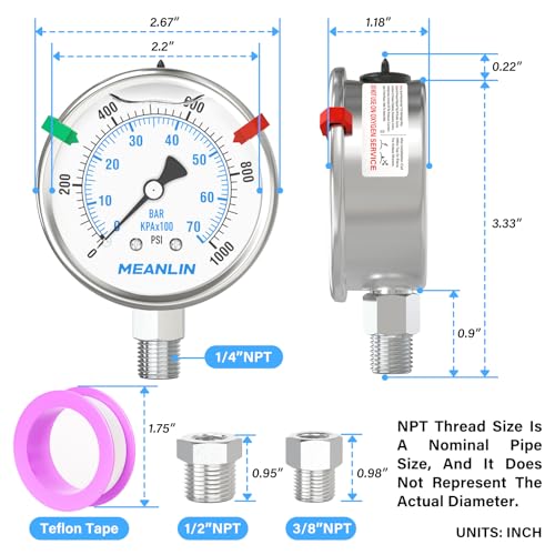 0~1000Psi Stainless Steel Liquid Filled Pressure Gauge 2.5" FACE DIAL 1