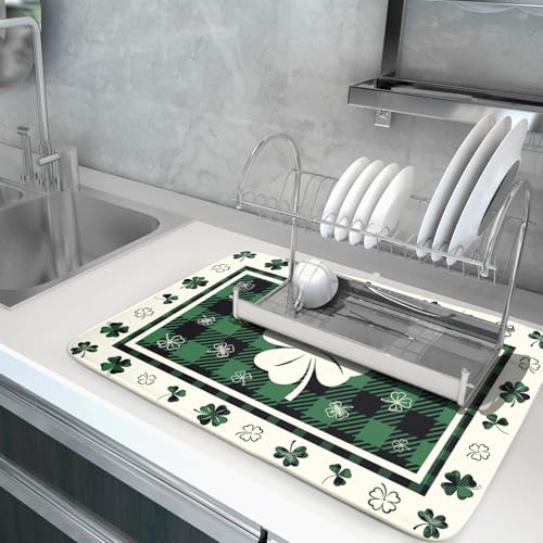 Patrick Clovers Dish Drying Mat 18"x24" Lucky Shamrock Spring Leaf Dish Drainer Mats Green Black Buffalo Plaids Absorbent Microfiber Dish Drying Pad for Kitchen Countertop Large Decor