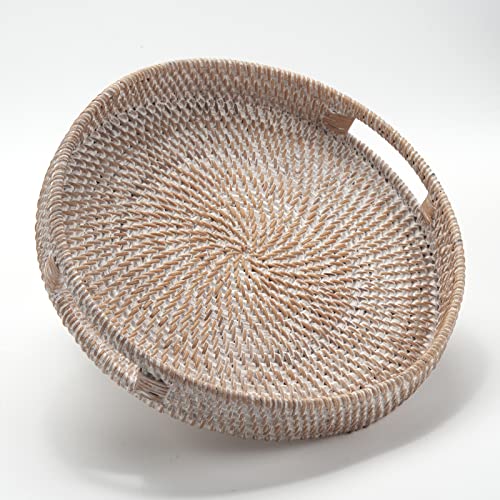 Round Rattan Serving Tray Decorative Woven Ottoman Trays with Handles for Coffee Table White