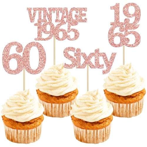 24Pcs 60th Birthday Cupcake Toppers Cheers to 60 Fabulous Sixty Cupcake Picks Vintage 1965 Decorations for 60th Birthday Wedding Anniversary Party Cake Decorations Supplies Rose Gold (24 Count)
