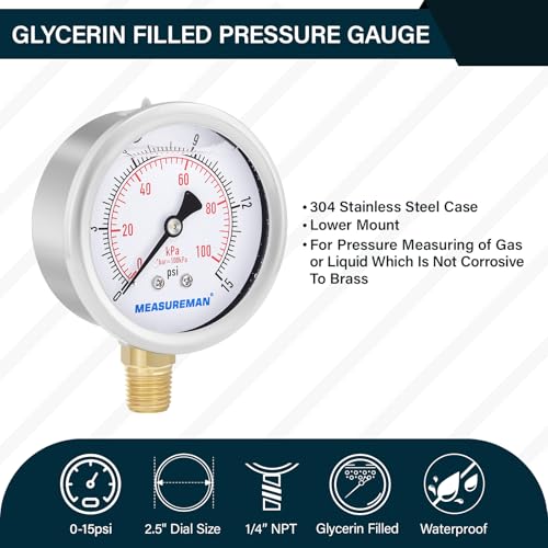 2-1/2inch Dial Size, Glycerin Filled Pressure Gauge, 0-15psi/100kpa, 304 Stainless Steel Case, 1/4inch NPT Lower Mount